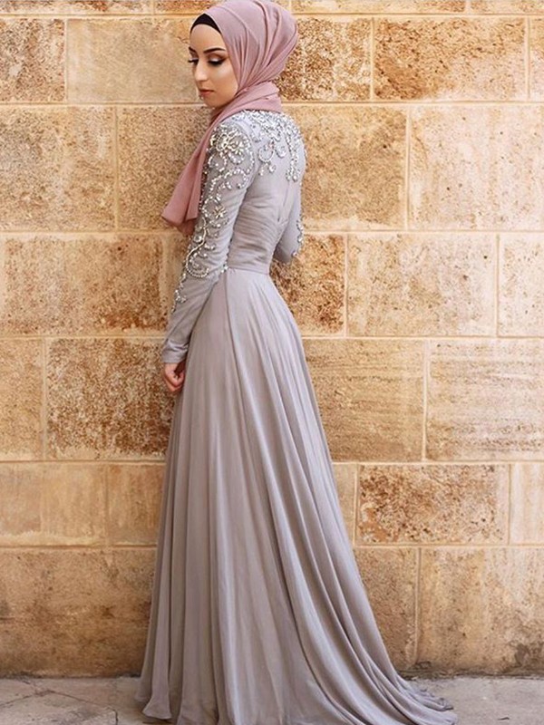 A-Line/Princess Long Sleeves Scoop Sweep/Brush Train Crystal Chiffon Muslim Dresses 3768