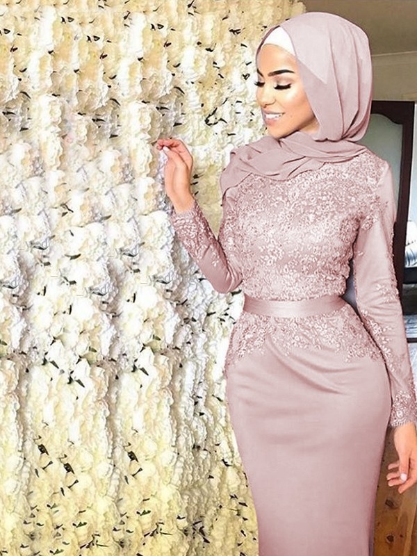 Trumpet/Mermaid Long Sleeves Scoop Sweep/Brush Train Applique Silk like Satin Muslim Dresses 7126