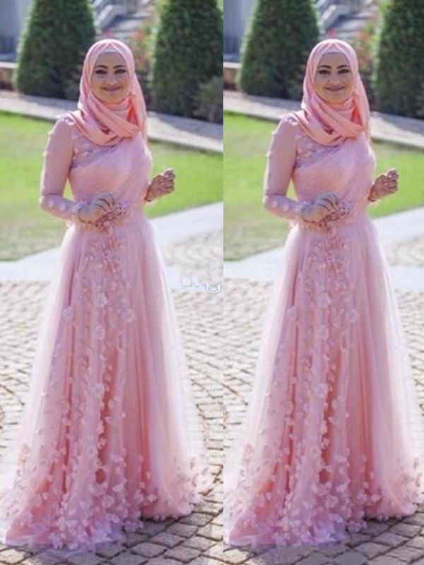 A-Line/Princess Long Sleeves Scoop Sweep/Brush Train Applique Tulle Muslim Dresses 3767