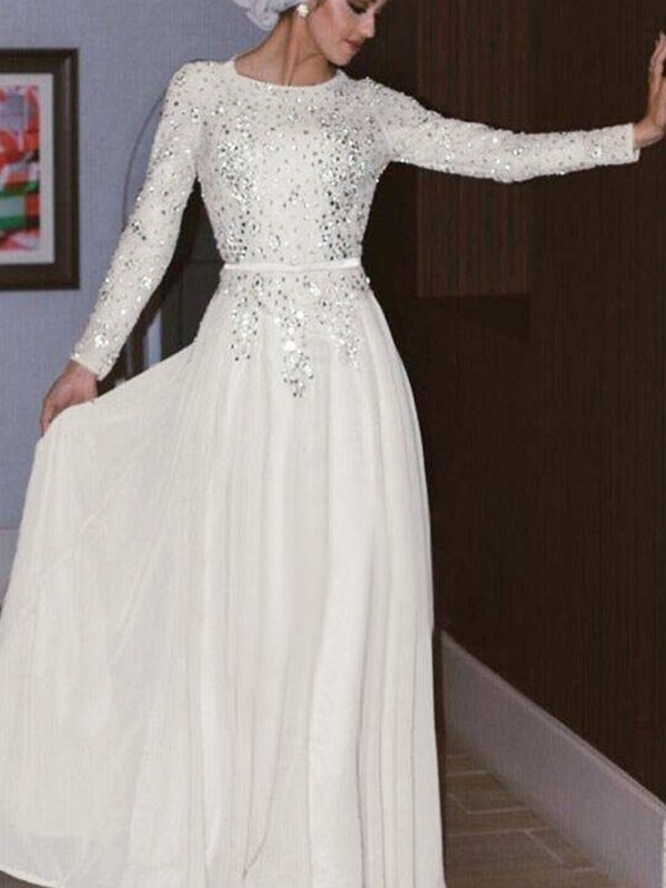 A-Line/Princess Long Sleeves Scoop Floor-Length Crystal Chiffon Muslim Dresses 3764