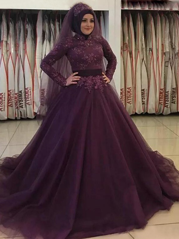 Ball Gown Long Sleeves High Neck Sweep/Brush Train Applique Tulle Muslim Dresses 5639