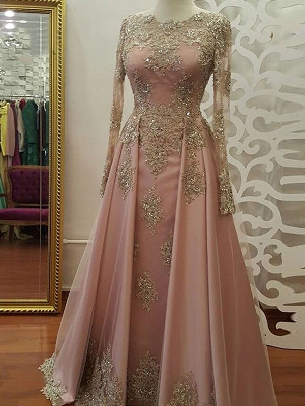 A-Line/Princess Long Sleeves Scoop Floor-Length Applique Tulle Muslim Dresses 3762