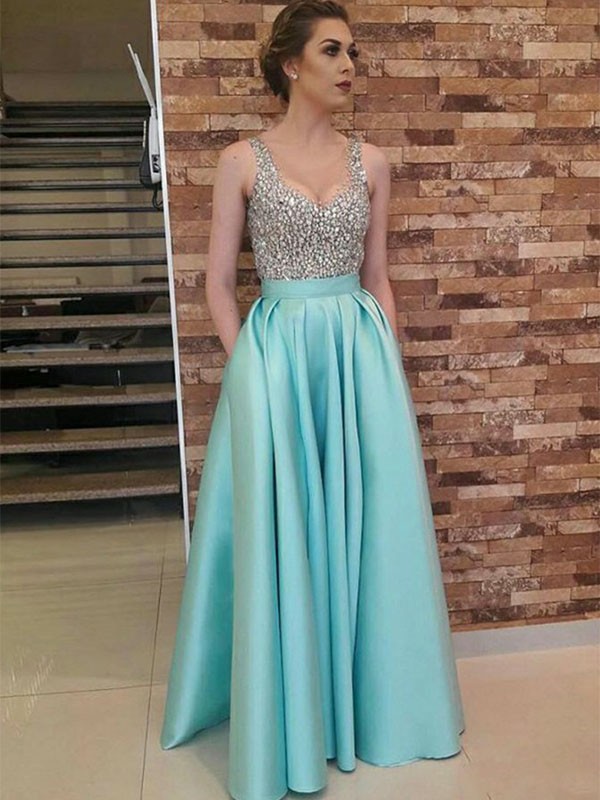 A-Line/Princess Sleeveless V-neck Floor-Length Beading Satin Dresses 4650