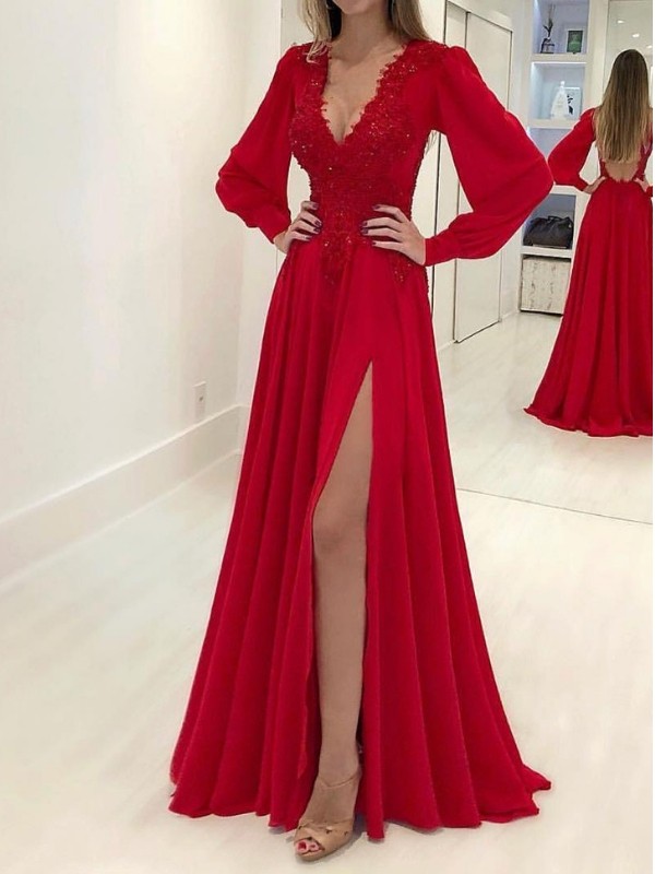 A-Line/Princess Long Sleeves V-neck Sweep/Brush Train Applique Chiffon Dresses 3777