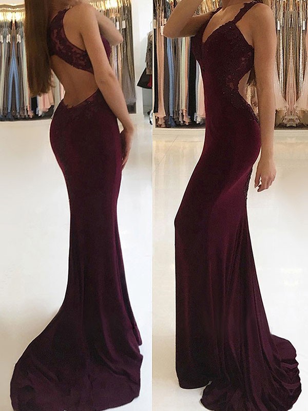 Trumpet/Mermaid Sleeveless V-neck Sweep/Brush Train Applique Stretch Crepe Dresses 7386