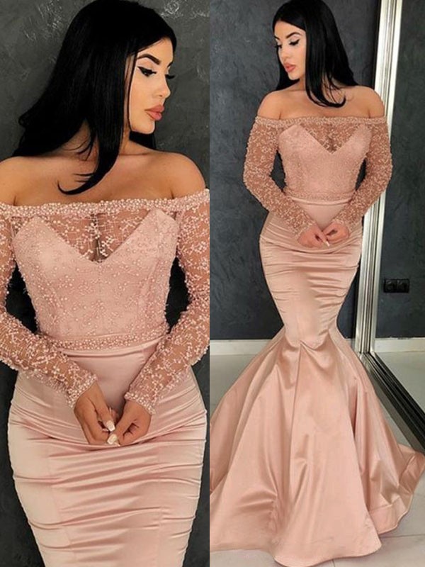 Trumpet/Mermaid Long Sleeves Off-the-Shoulder Sweep/Brush Train Ruffles Satin Dresses 7117