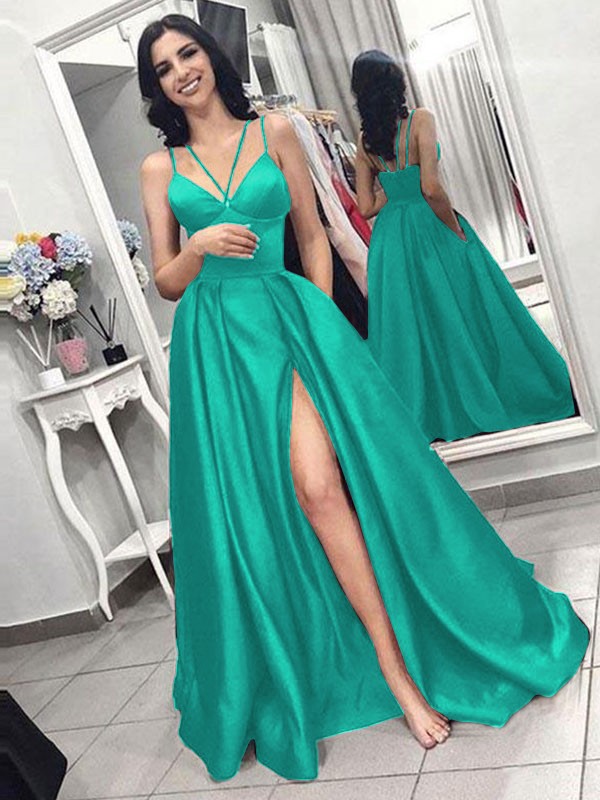 A-Line/Princess Sleeveless Spaghetti Straps Sweep/Brush Train Ruffles Satin Dresses 4604