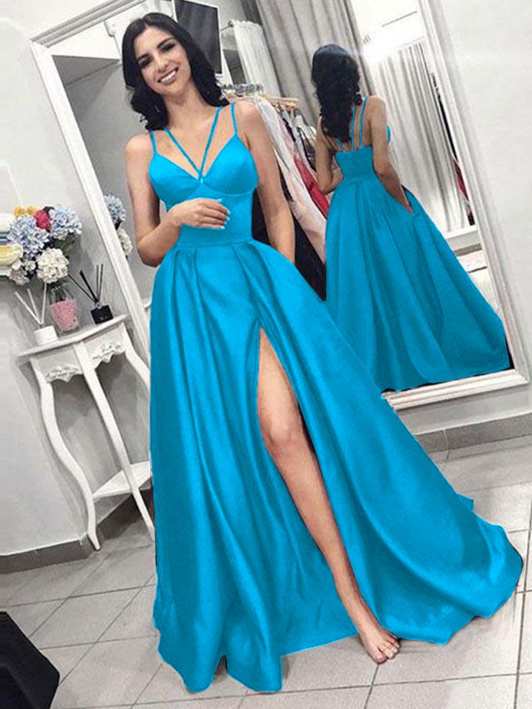 A-Line/Princess Sleeveless Spaghetti Straps Sweep/Brush Train Ruffles Satin Dresses 4604