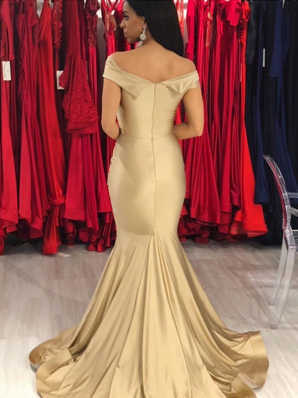 Trumpet/Mermaid Sleeveless Off-the-Shoulder Sweep/Brush Train Ruffles Spandex Dresses 7344