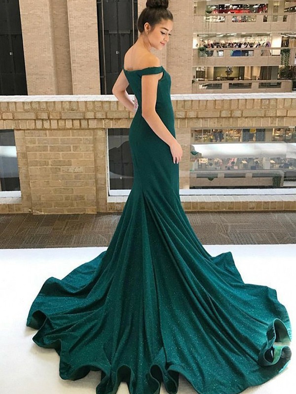 Trumpet/Mermaid Sleeveless Off-the-Shoulder Sweep/Brush Train Ruffles Sequins Dresses 7342