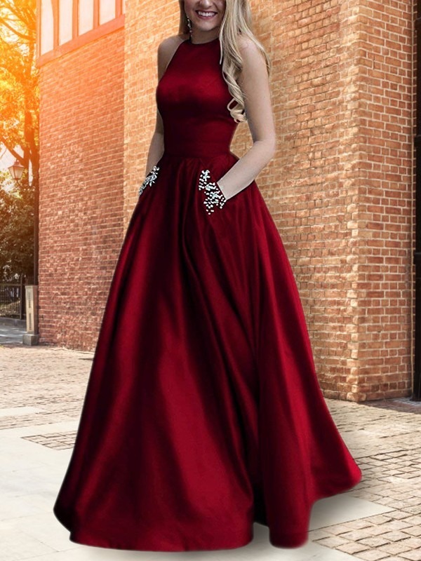 A-Line/Princess Halter Sleeveless Floor-Length Beading Satin Dresses 3592