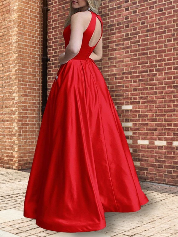 A-Line/Princess Halter Sleeveless Floor-Length Beading Satin Dresses 3592