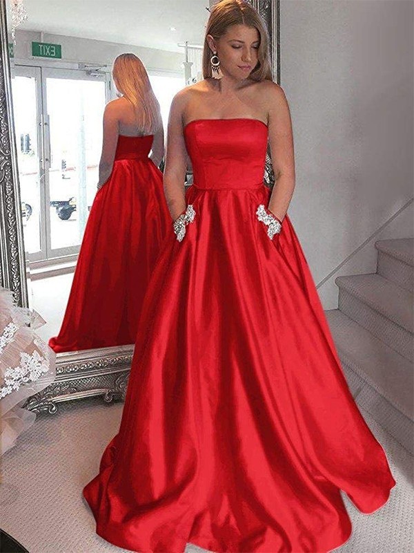 A-Line/Princess Strapless Sleeveless Sweep/Brush Train Beading Satin Dresses 4794