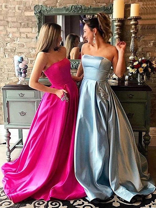 A-Line/Princess Strapless Sleeveless Sweep/Brush Train Beading Satin Dresses 4794