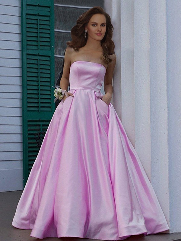 A-Line/Princess Strapless Sleeveless Floor-Length Ruffles Satin Dresses 4775