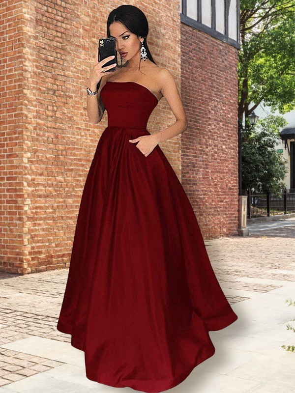 A-Line/Princess Strapless Sleeveless Floor-Length Ruffles Satin Dresses 4775