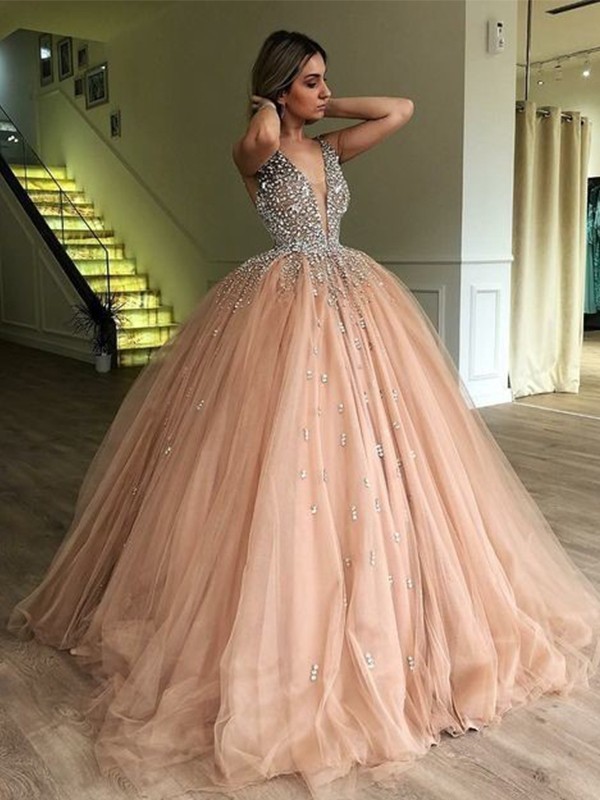 Ball Gown V-neck Sleeveless Floor-Length Beading Tulle Dresses 5813