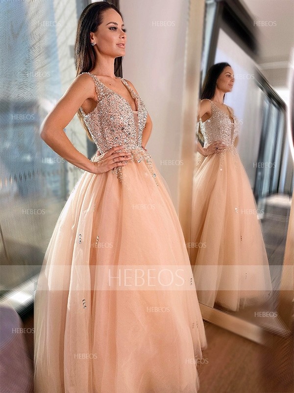 Ball Gown Beading Tulle Sleeveless V-neck Floor-Length Dresses 5623