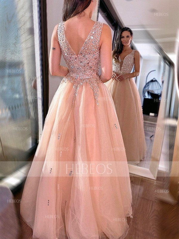 Ball Gown Beading Tulle Sleeveless V-neck Floor-Length Dresses 5623