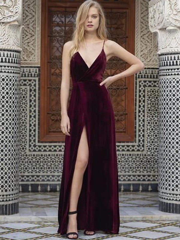 A-Line/Princess Spaghetti Straps Sleeveless Floor-Length Ruffles Velvet Dresses 4723