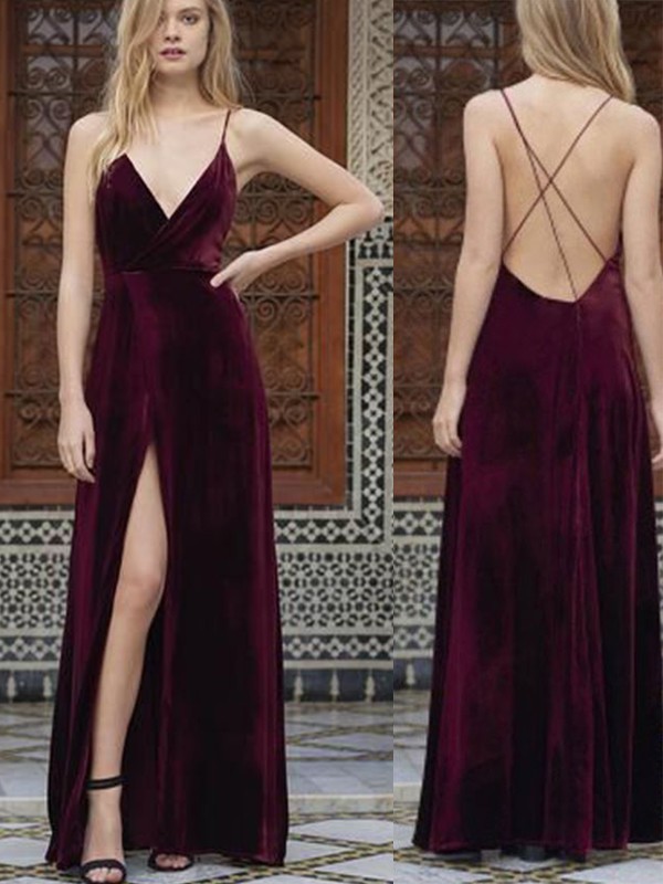 A-Line/Princess Spaghetti Straps Sleeveless Floor-Length Ruffles Velvet Dresses 4723