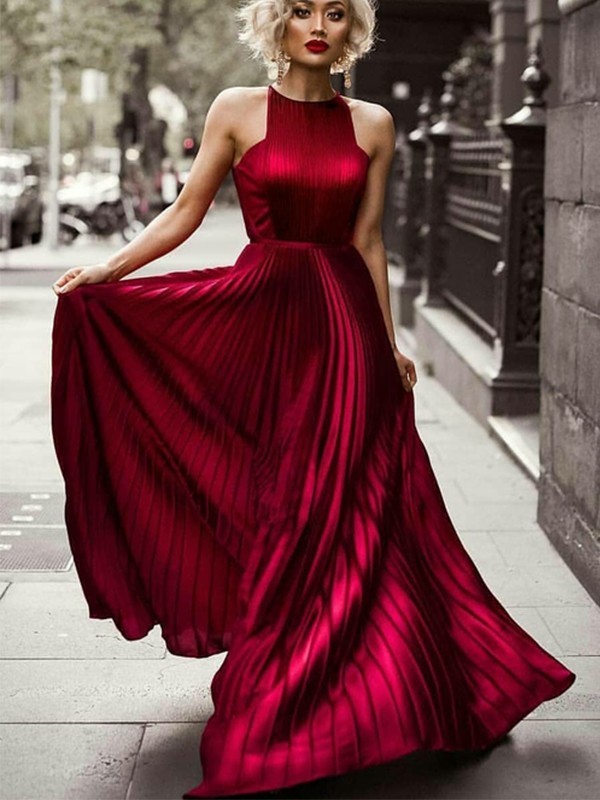 A-Line/Princess Halter Sleeveless Floor-Length Ruched Silk like Satin Dresses 3596