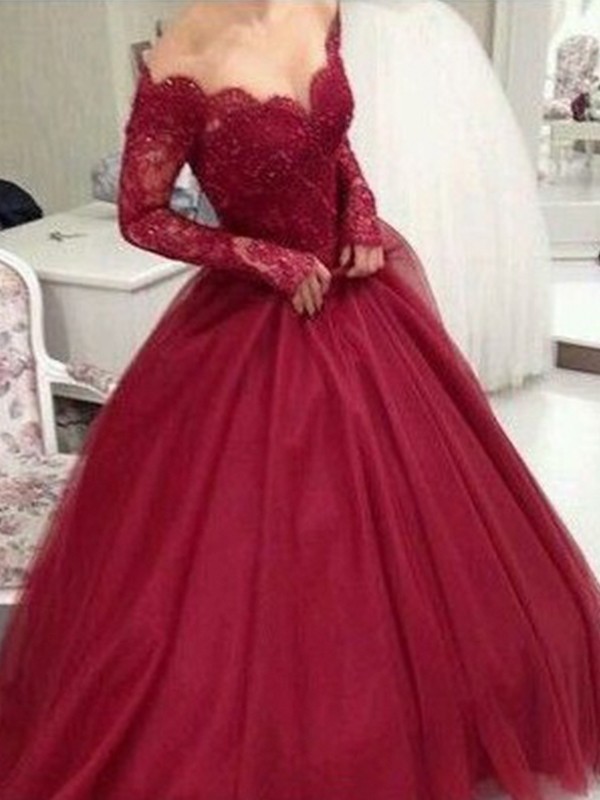 Ball Gown V-neck Long Sleeves Floor-Length Lace Tulle Dresses 5807