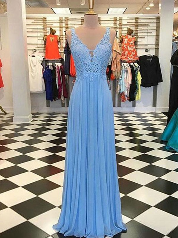 A-Line/Princess Spaghetti Straps Sleeveless Floor-Length Applique Chiffon Dresses 4717