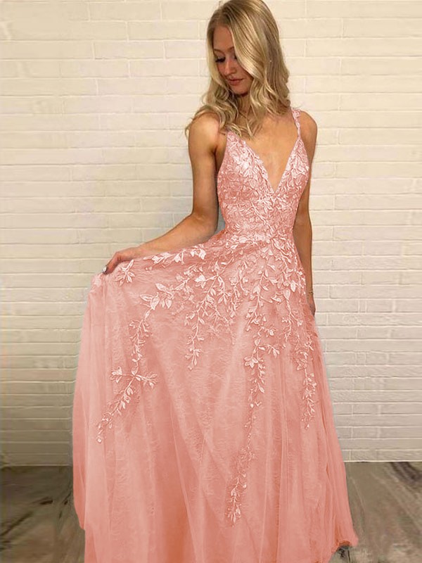 A-Line/Princess V-neck Sleeveless Floor-Length Applique Tulle Dresses 5528