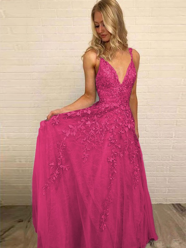 A-Line/Princess V-neck Sleeveless Floor-Length Applique Tulle Dresses 5528