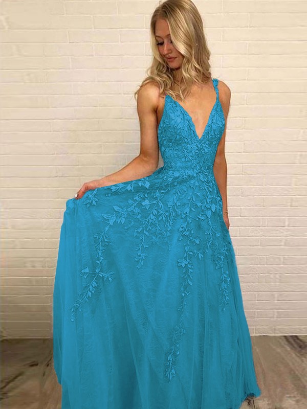 A-Line/Princess V-neck Sleeveless Floor-Length Applique Tulle Dresses 5528