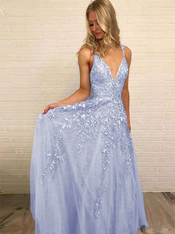 A-Line/Princess V-neck Sleeveless Floor-Length Applique Tulle Dresses 5528