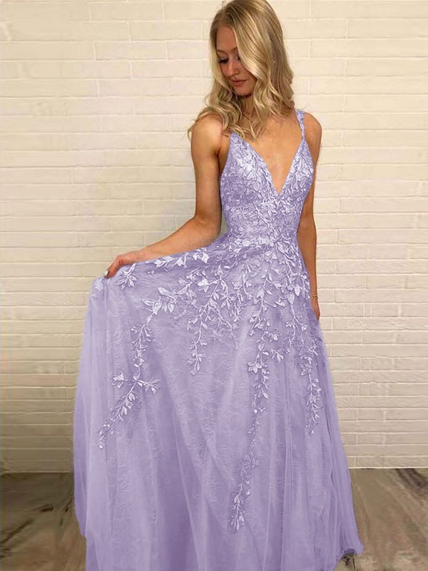 A-Line/Princess V-neck Sleeveless Floor-Length Applique Tulle Dresses 5528