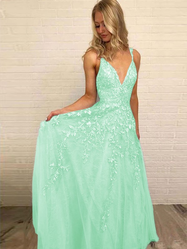 A-Line/Princess V-neck Sleeveless Floor-Length Applique Tulle Dresses 5528