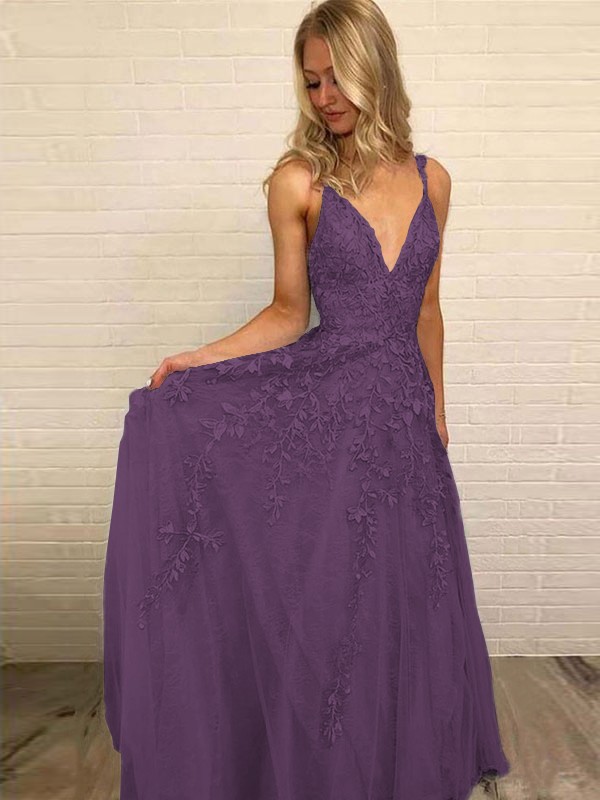 A-Line/Princess V-neck Sleeveless Floor-Length Applique Tulle Dresses 5528