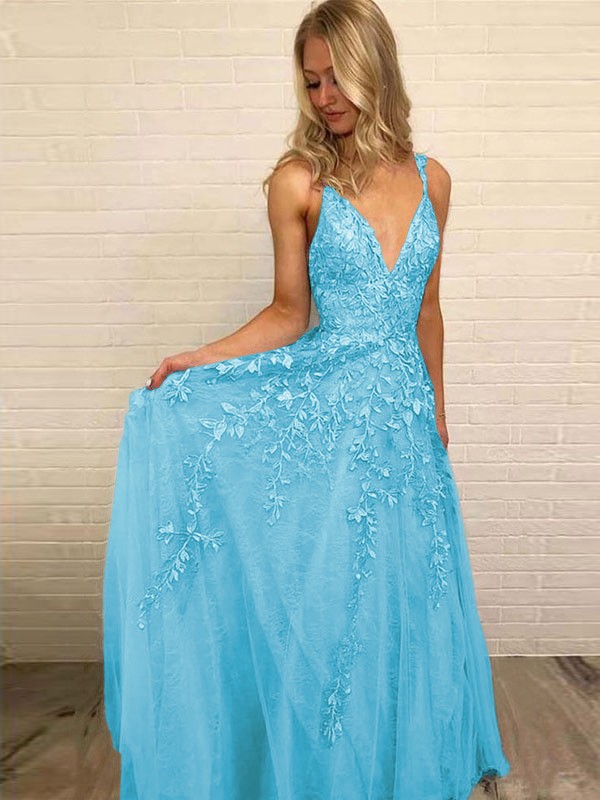 A-Line/Princess V-neck Sleeveless Floor-Length Applique Tulle Dresses 5528