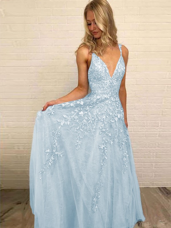 A-Line/Princess V-neck Sleeveless Floor-Length Applique Tulle Dresses 5528