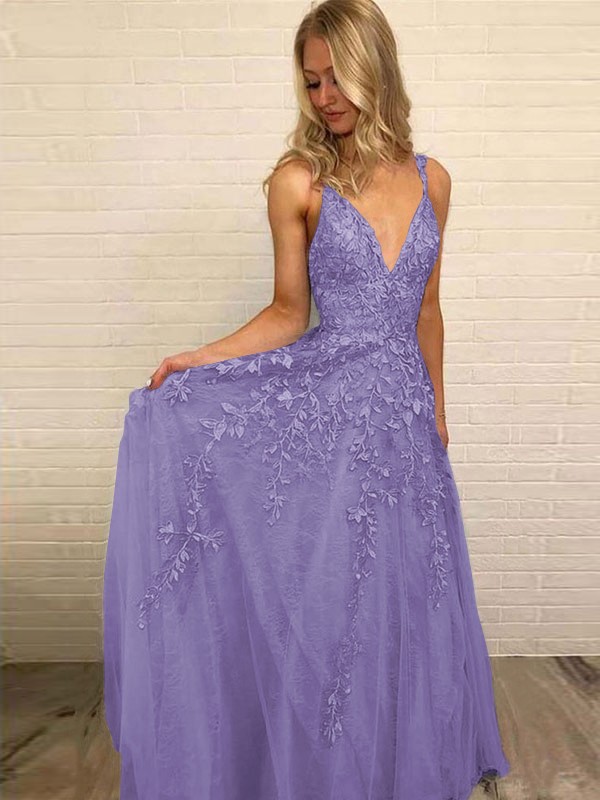 A-Line/Princess V-neck Sleeveless Floor-Length Applique Tulle Dresses 5528