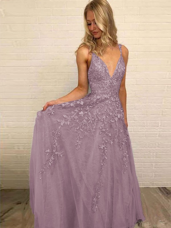 A-Line/Princess V-neck Sleeveless Floor-Length Applique Tulle Dresses 5528