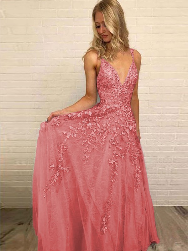 A-Line/Princess V-neck Sleeveless Floor-Length Applique Tulle Dresses 5528