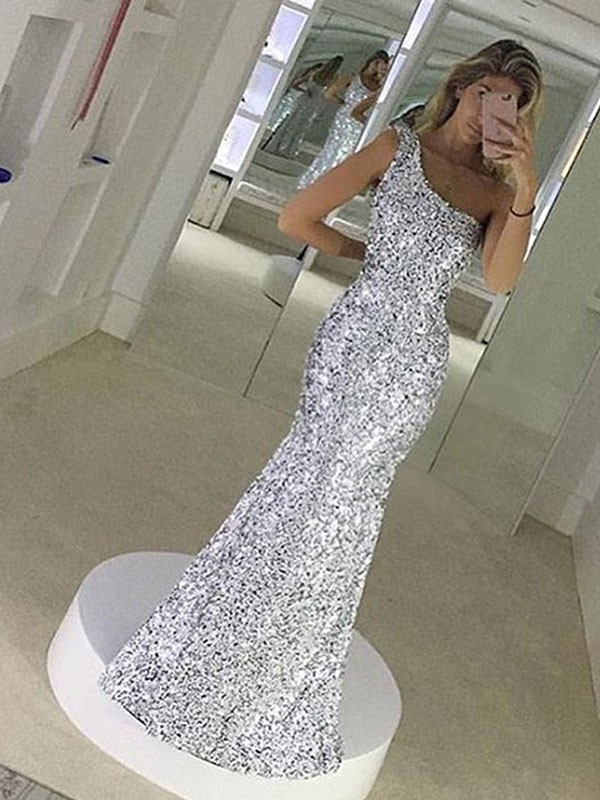 Sheath/Column One-Shoulder Sleeveless Floor-Length Ruffles Sequins Dresses 6195