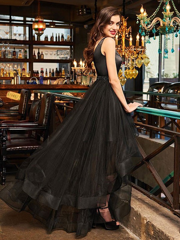 A-Line/Princess Sleeveless V-neck Asymmetrical Ruffles Tulle Dresses 4635