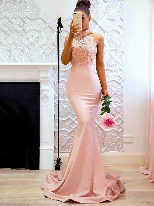 Trumpet/Mermaid Sleeveless Halter Sweep/Brush Train Lace Charmeuse Dresses 7321