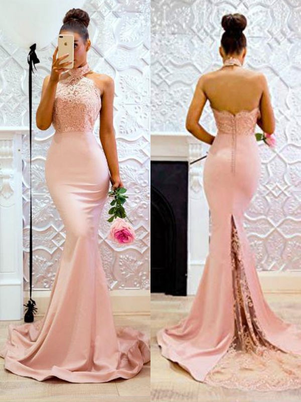 Trumpet/Mermaid Sleeveless Halter Sweep/Brush Train Lace Charmeuse Dresses 7321