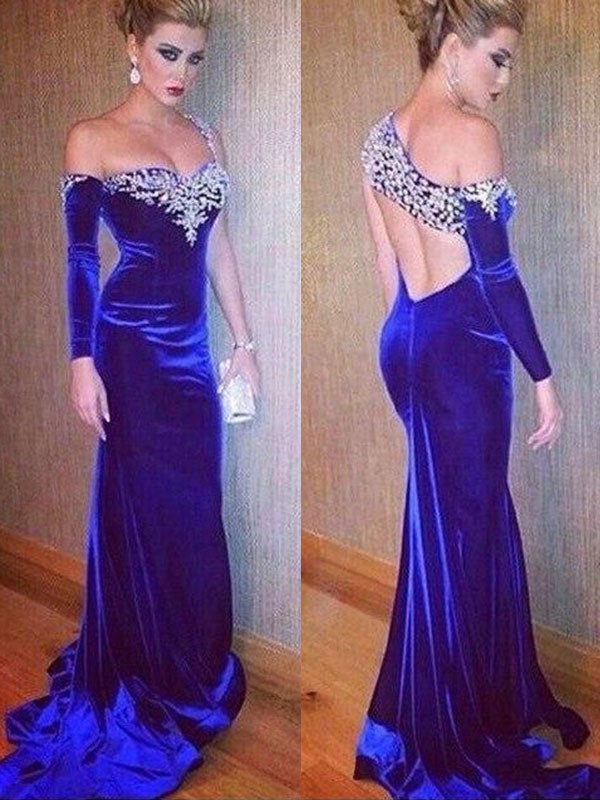 Sheath/Column Long Sleeves One-Shoulder Sweep/Brush Train Beading Velvet Dresses 6128