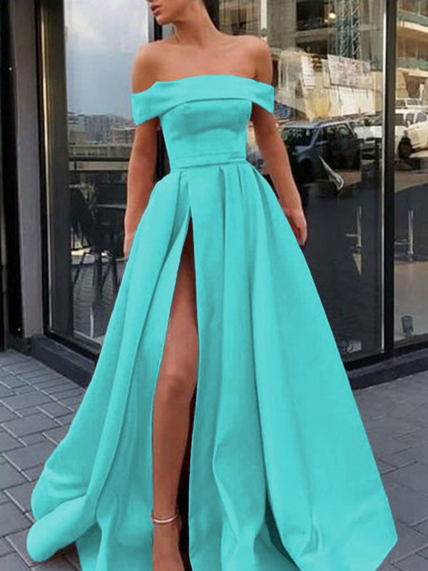 A-Line/Princess Sleeveless Off-the-Shoulder Sweep/Brush Train Ruffles Satin Dresses 4561