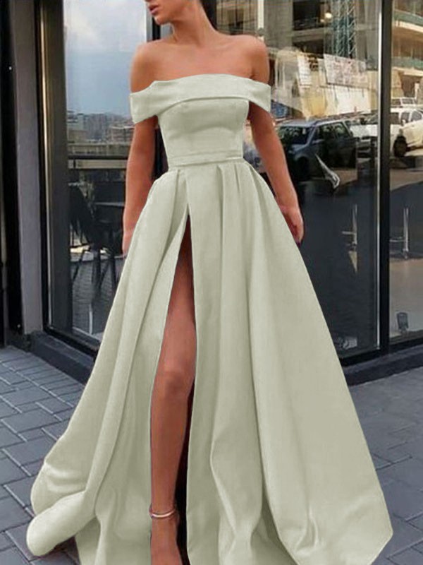 A-Line/Princess Sleeveless Off-the-Shoulder Sweep/Brush Train Ruffles Satin Dresses 4561