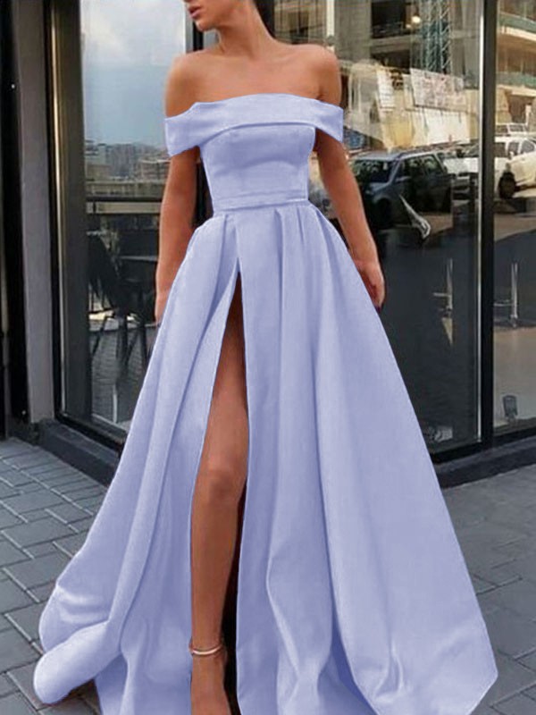 A-Line/Princess Sleeveless Off-the-Shoulder Sweep/Brush Train Ruffles Satin Dresses 4561