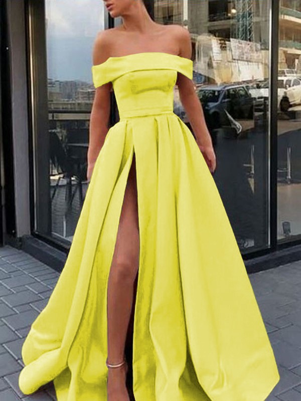 A-Line/Princess Sleeveless Off-the-Shoulder Sweep/Brush Train Ruffles Satin Dresses 4561