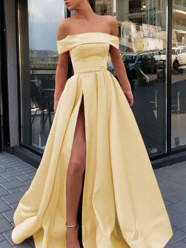 A-Line/Princess Sleeveless Off-the-Shoulder Sweep/Brush Train Ruffles Satin Dresses 4561